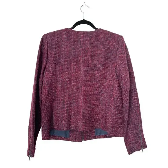 LOFT Blazer Womens Size 10 Burgundy Blue Wool Tweed Collarless Full Zip Jacket - Picture 5 of 12